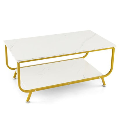 Rectangular 2-Tier Faux Marble Coffee Table with Shelf