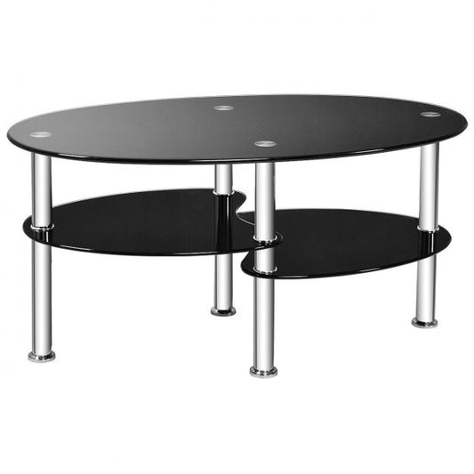3-Tier Tempered Glass Coffee Table with Dual Shelves