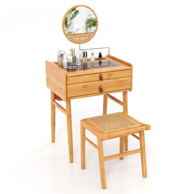 Adjustable Mirror Bamboo Vanity Table with Drawers