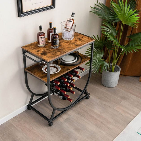 Industrial Rolling Bar Cart with Wine Rack and Glass Holders
