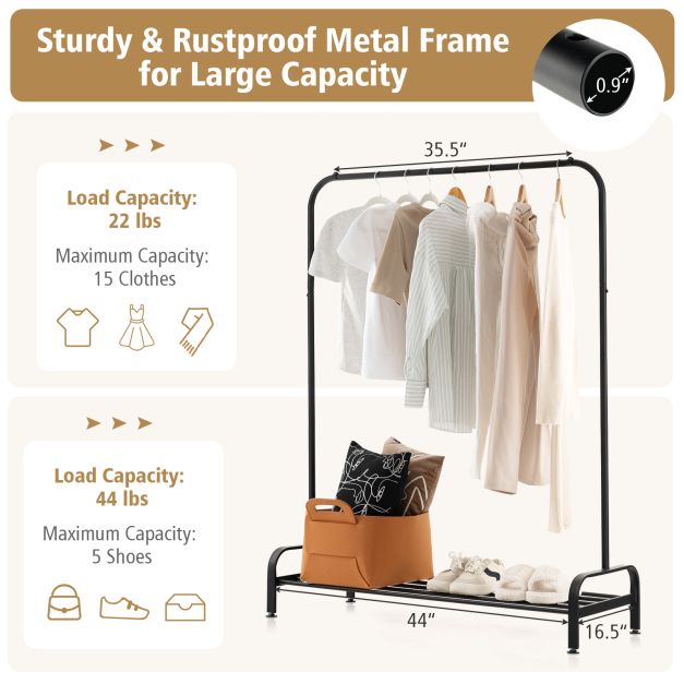 Metal Clothes Stand Rack featuring Upper Hanging Rod and Lower Storage Shelf for Organizing