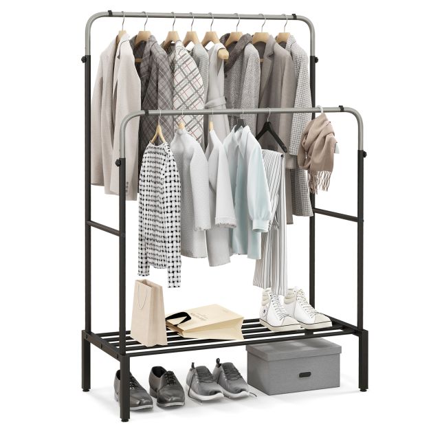 Dual Rods and Shoe Shelf Combo Metal Clothes Stand