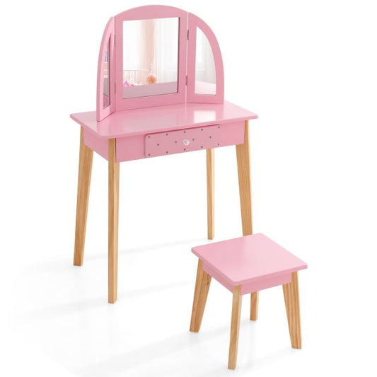 Children's Dressing Table and Stool Set with Tri-Folding Mirror and Drawer