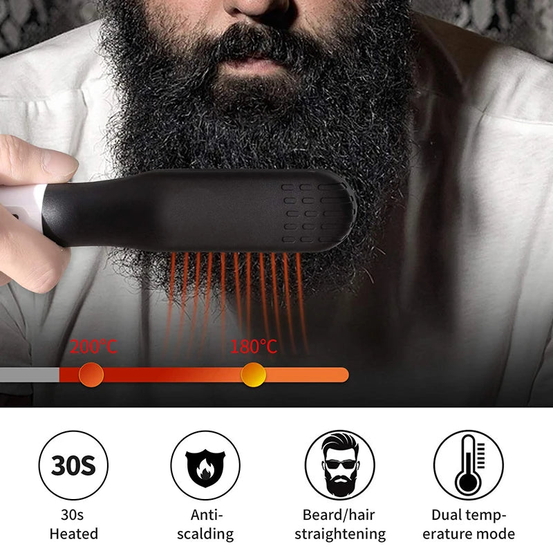 Hot Comb Straightener for Men - Electric Negative Ion Beard & Hair Straightening Brush for Wet & Dry Use | Quick Hair Styler