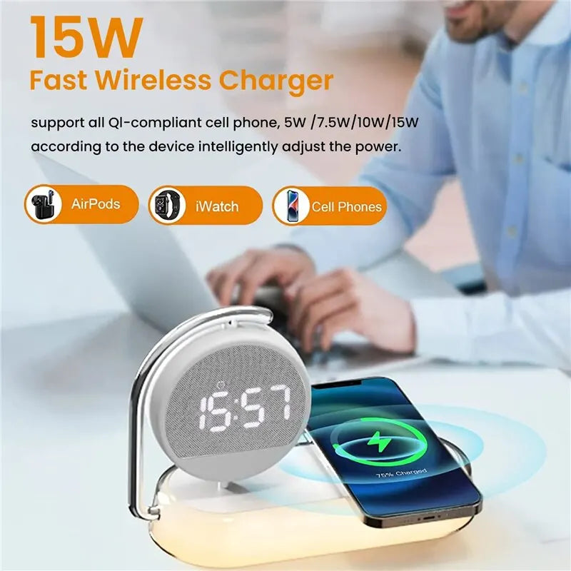 Multifunction Wireless Charger Pad Stand Clock LED Charging Station Dock - Shop Now for Convenience and Efficiency!
