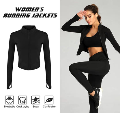 Women's Tracksuit Jacket: Slim Fit Long-Sleeved Fitness Coat with Thumb Holes, Yoga Crop Tops, Gym Workout Sweatshirts