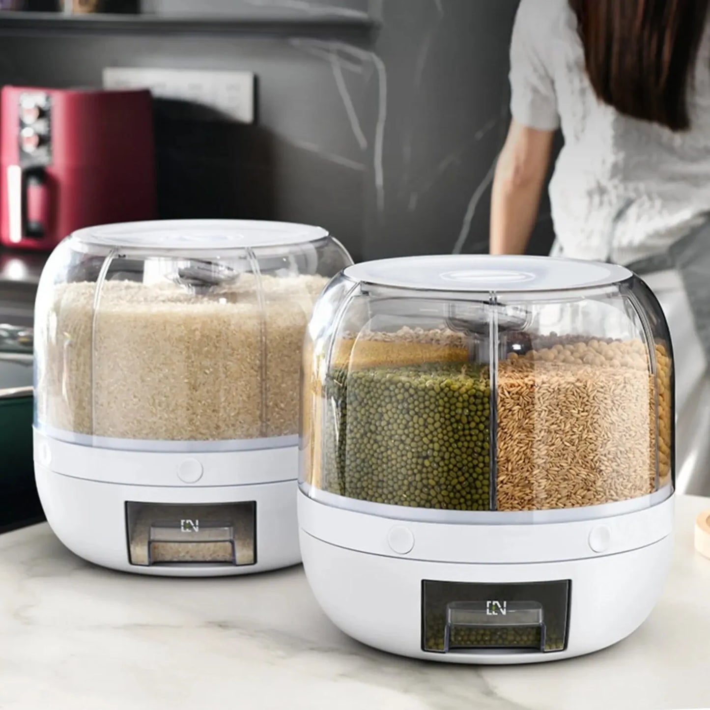 360° Rotating Grain Dispenser Grain Storage Box Transparent Sealed Jar Circular Kitchen Rice Bucket Insectproof Rice Tank