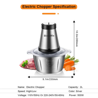 2 Speeds 500W Stainless Steel 2L Capacity Electric Chopper Meat Grinder Mincer Food Processor Slicer,BioloMix