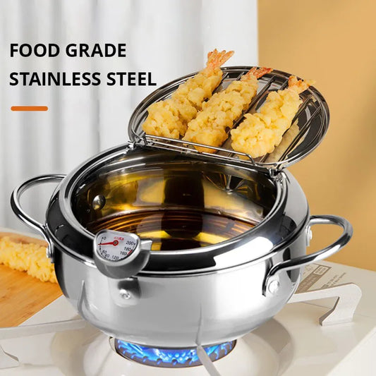 Stainless Steel Oil Pan with Thermometer - Tempura Fryer & Oil-Saving Frying Pan for Perfect Cooking