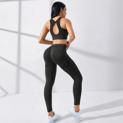 Yoga Basic 2pcs Seamless High Stretch Yoga Set: Tracksuit Gym Set with Crisscross Back Cami and Hip-Hugging Tummy Control Leggings