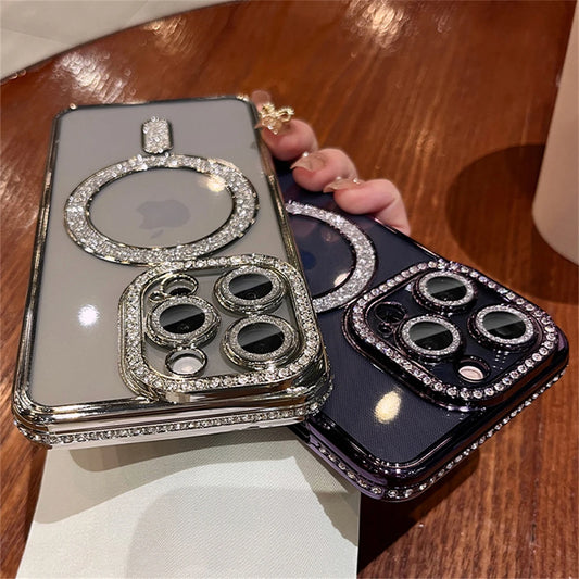 Luxury Glitter Diamond Lens Protective Magnetic Charging Magsafe Clear Soft Case For iPhone 15 14 Pro Max 13 12 Shockproof Cover