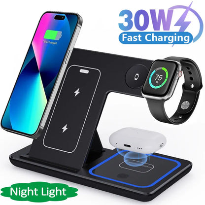 Efficient Charging: LED Fast Wireless Charger Stand 3-in-1 for iPhone, Apple Watch, and AirPods Pro