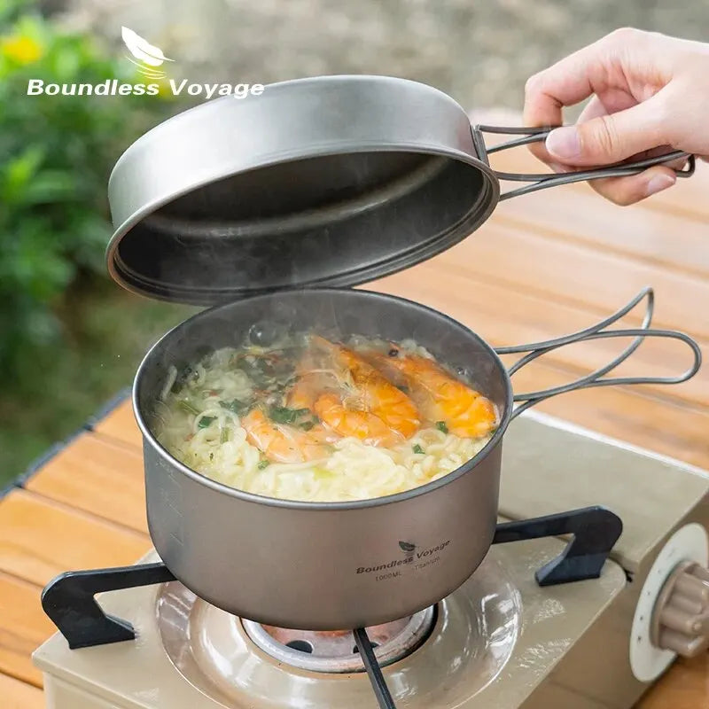 Boundless Voyage Titanium Pot Pan Set with Folding Handles - Camping Cookware for Hiking, Outdoor Tableware