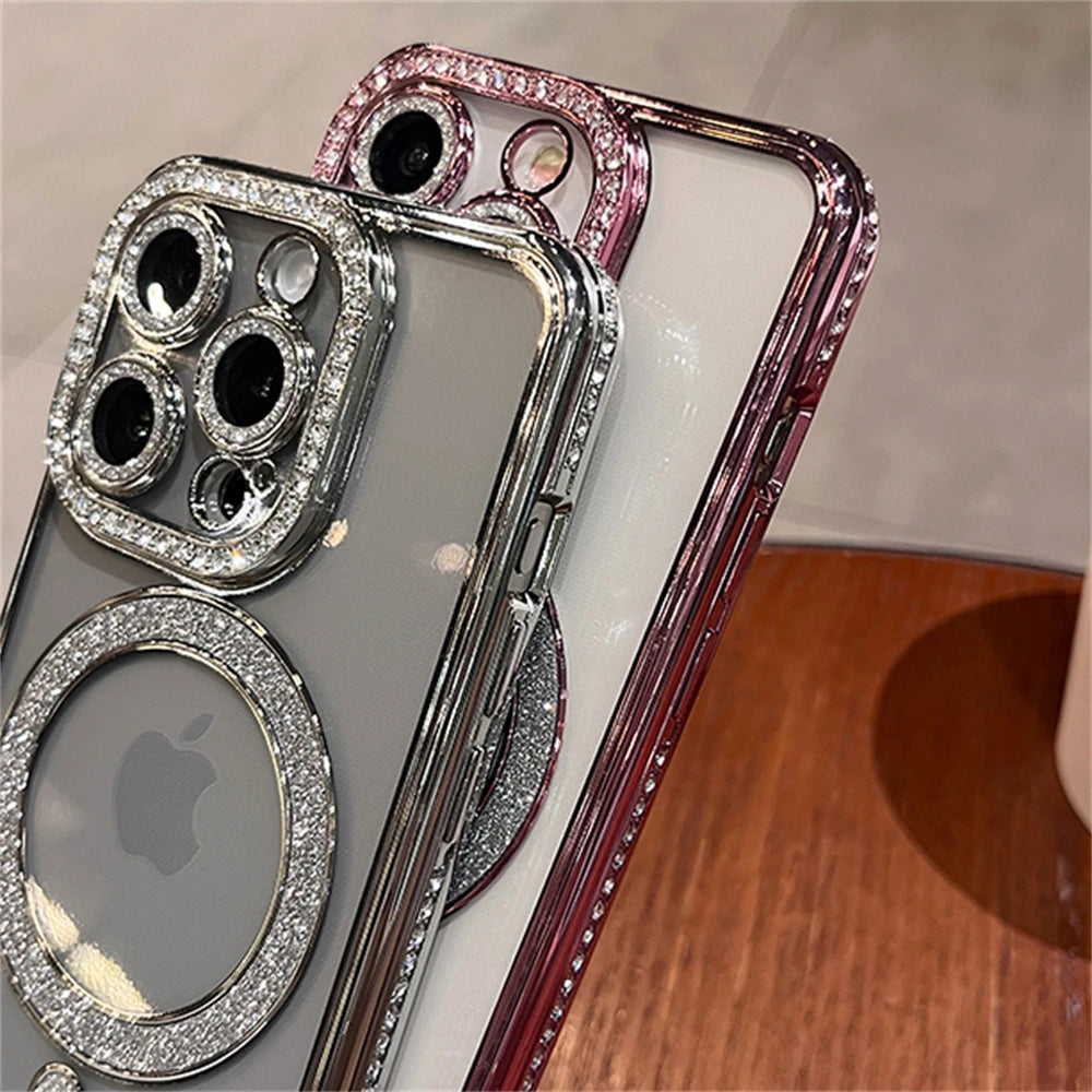 Luxury Glitter Diamond Lens Protective Magnetic Charging Magsafe Clear Soft Case For iPhone 15 14 Pro Max 13 12 Shockproof Cover