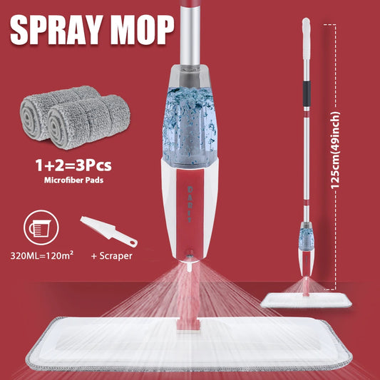 Spray Floor Mop with Reusable Microfiber Pads - 125cm Long Handle