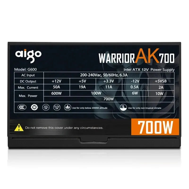 Aigo AK 700W PC PSU Power Supply Unit with 120mm RGB Fan - Black Gaming Quiet Design, 24pin 12V ATX, Desktop Computer Power Supply for BTC Mining