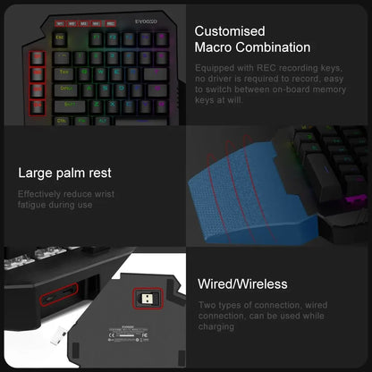 E-YOOSO K722 RGB Wireless Mini One-handed Mechanical Gaming Keyboard - 44 Keys, Blue Switches for PC & Laptop