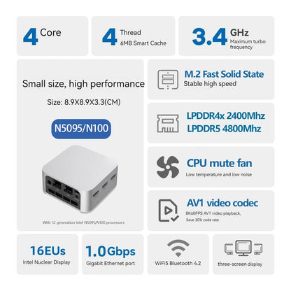 FIREBAT T8 Pro Plus Mini PC - Intel Celeron N5095/N100, 8GB/16GB RAM, 256GB/512GB SSD, Desktop Gaming Computer with WiFi 5 & BT 4.2