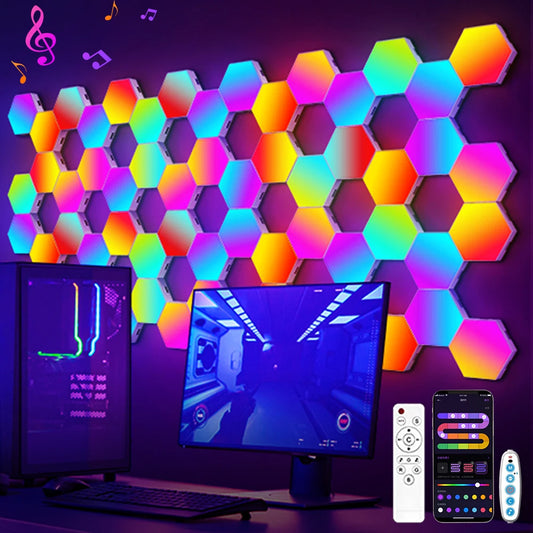 "Hexagon RGB Gaming Lights with Music Sync | Customizable LED Wall Panels for Gaming Setup