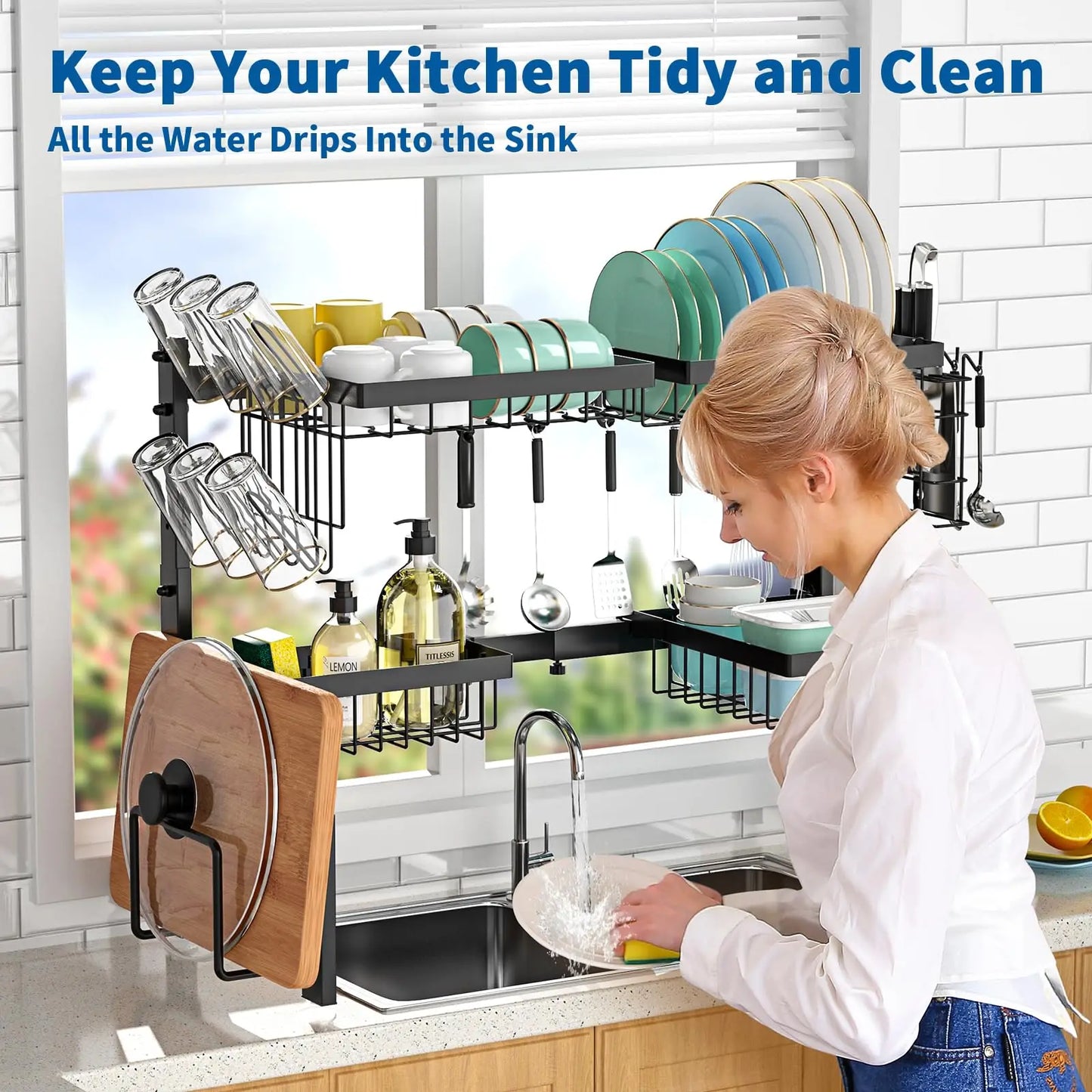 Over The Sink Dish Drying Rack,Expandable 2-Tier Stainless Steel Over The Sink Dish Rack with Utensil Holder Dish Drainers