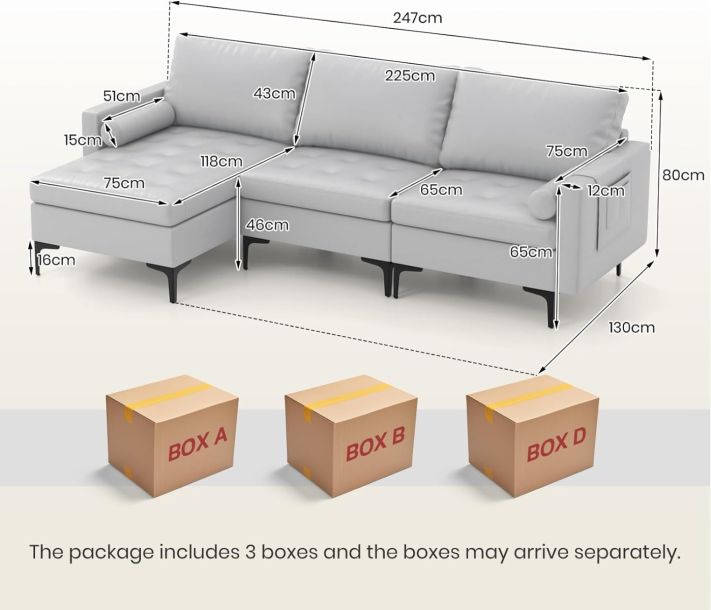 Spacious L-Shaped Sofa with 4 USB Ports and Sturdy Metal Legs