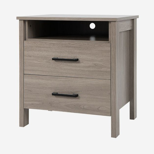 Contemporary Wooden Nightstand with Dual Drawers and Open Storage Shelf