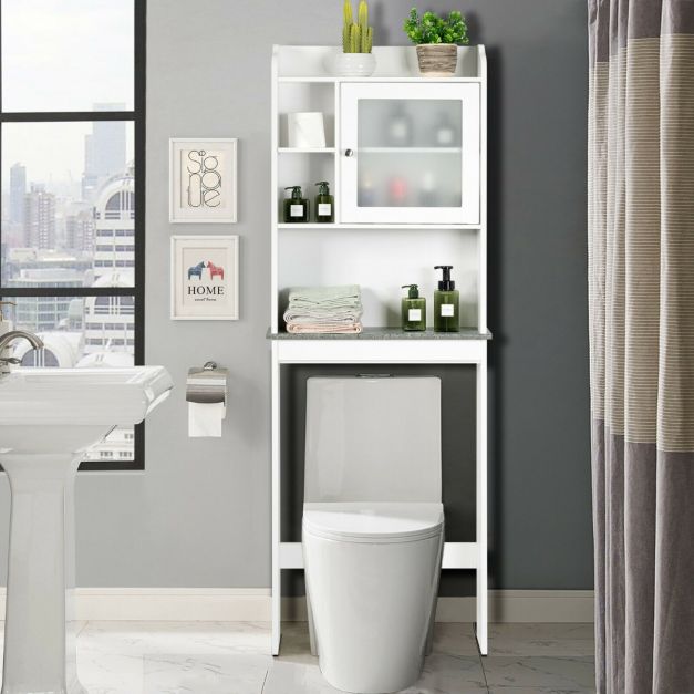 Over-Toilet Storage Cabinet with Open Shelves and Closed Door Compartment