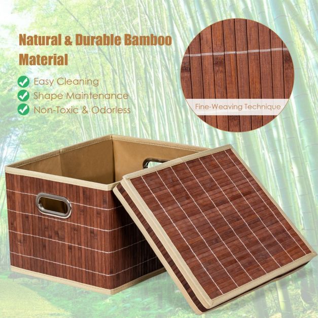 Set of 2 Bamboo Square Storage Baskets with Lid