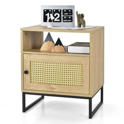 Contemporary Wooden Nightstand with Rattan Door and Storage Shelf