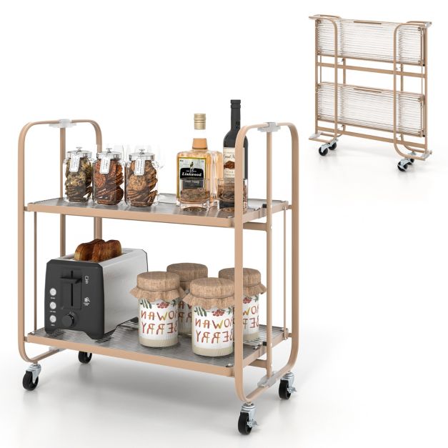 2-Tier Foldable Storage Cart with Tempered Glass Shelf
