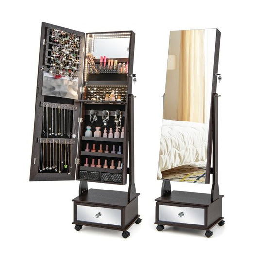 Standing Jewelry Armoire with Full-Length Mirror, LED Illumination, and Storage Drawers