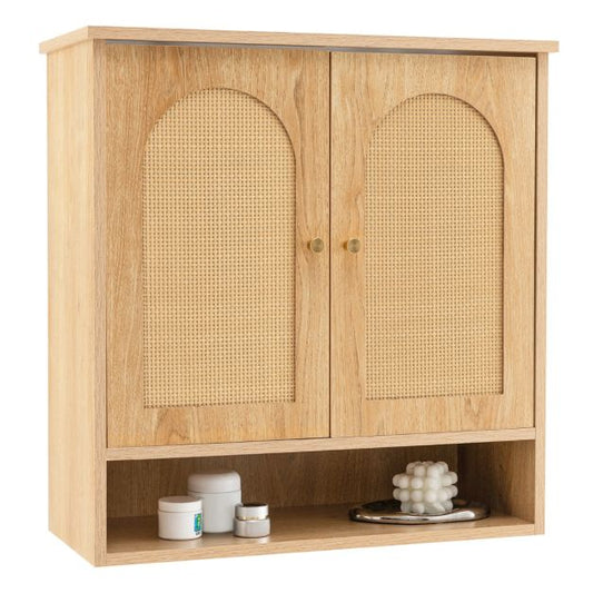 Rattan Door 3-Tier Bathroom Cabinet with Open Shelf