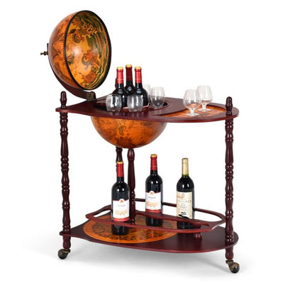 Vintage-Inspired Globe Wine Bar Stand with Retro Wood Liquor Bottle Shelf