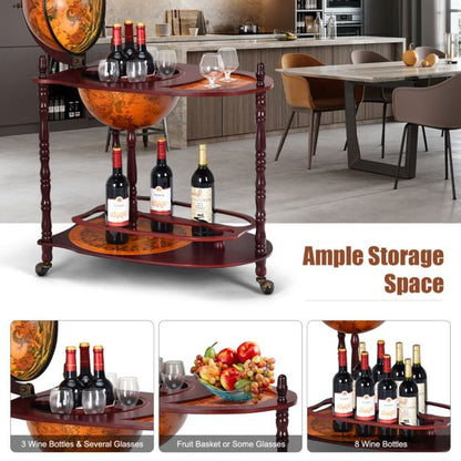 Vintage-Inspired Globe Wine Bar Stand with Retro Wood Liquor Bottle Shelf